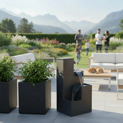 KUBO – Design Stufenbrunnen Schwarz aus Naturschiefer mit Wasserfall und LED-Beleuchtung 35 x 35 x 72 cm 36 kg - CLIMAQUA