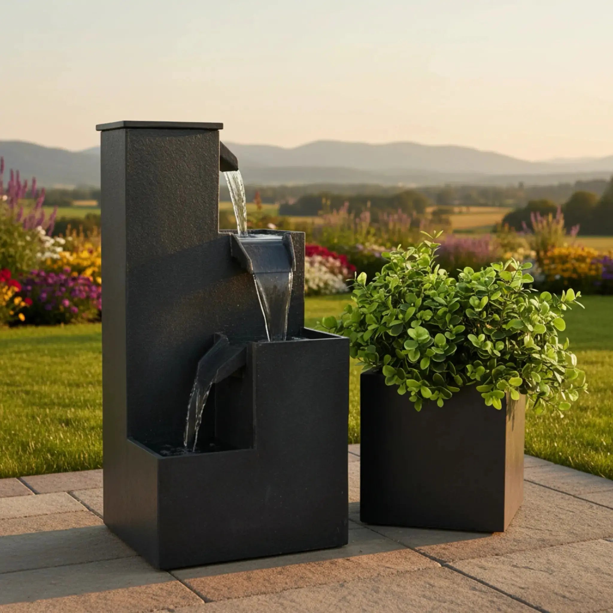 KUBO – Design Stufenbrunnen Schwarz aus Naturschiefer mit Wasserfall und LED-Beleuchtung 35 x 35 x 72 cm 36 kg - CLIMAQUA