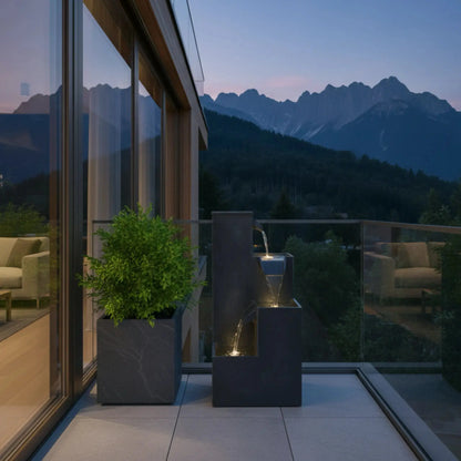 KUBO – Design Stufenbrunnen Schwarz aus Naturschiefer mit Wasserfall und LED-Beleuchtung 35 x 35 x 72 cm 36 kg - CLIMAQUA