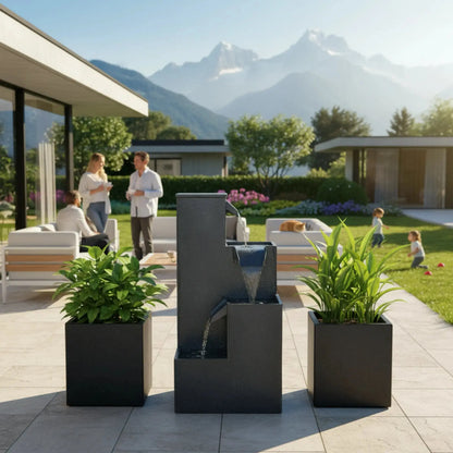 KUBO – Design Stufenbrunnen Schwarz aus Naturschiefer mit Wasserfall und LED-Beleuchtung 35 x 35 x 72 cm 36 kg - CLIMAQUA