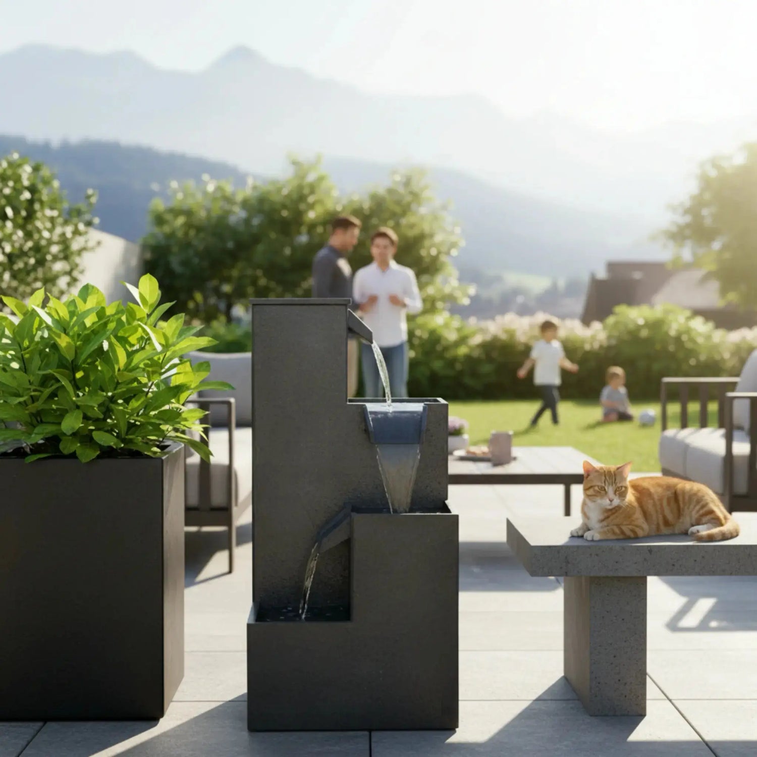 KUBO – Design Stufenbrunnen Schwarz aus Naturschiefer mit Wasserfall und LED-Beleuchtung 35 x 35 x 72 cm 36 kg - CLIMAQUA