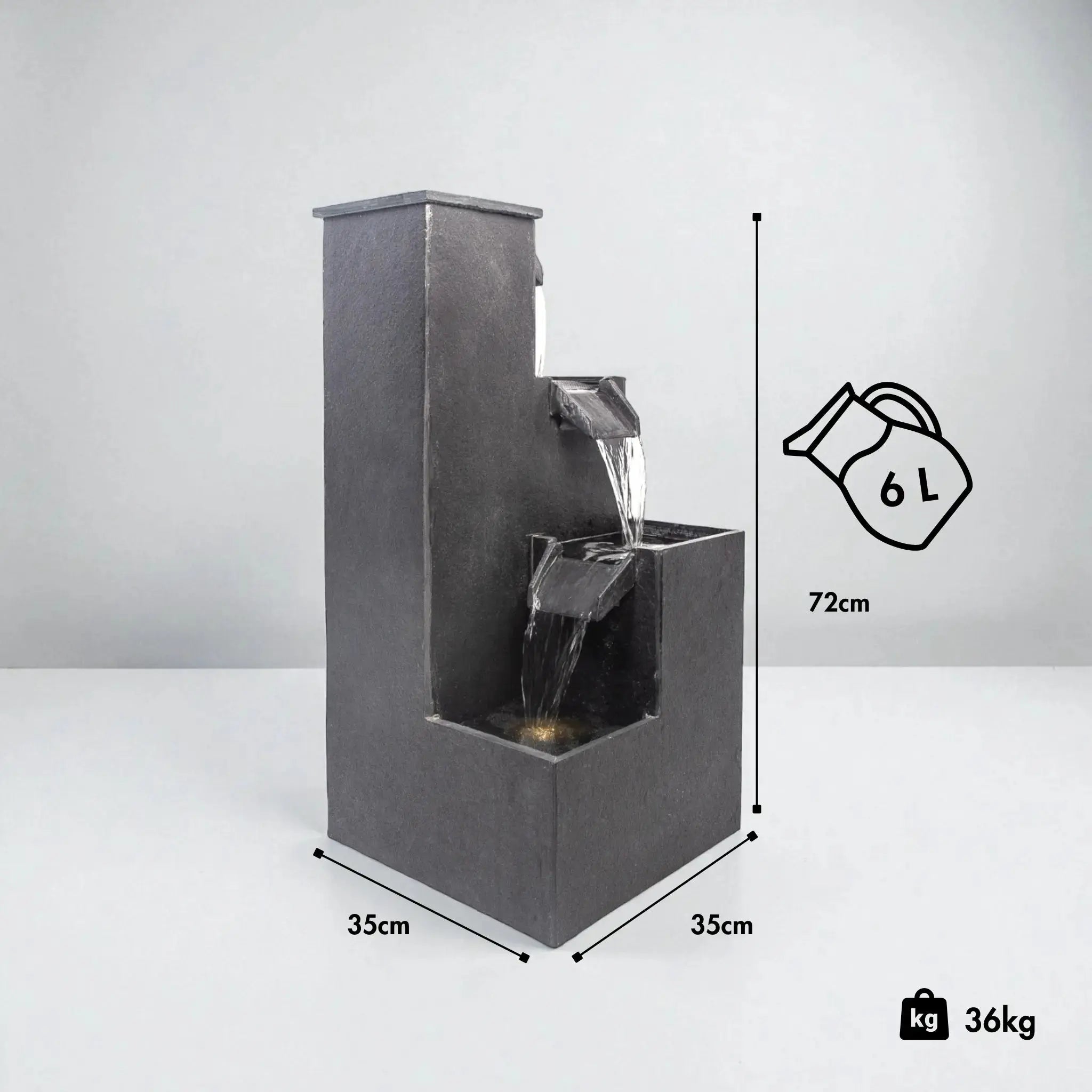 KUBO – Design Stufenbrunnen Schwarz aus Naturschiefer mit Wasserfall und LED-Beleuchtung 35 x 35 x 72 cm 36 kg - CLIMAQUA