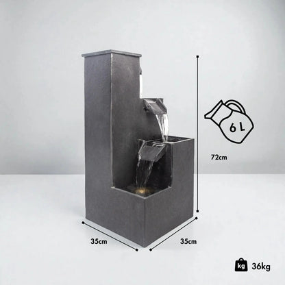 KUBO – Design Stufenbrunnen Schwarz aus Naturschiefer mit Wasserfall und LED-Beleuchtung 35 x 35 x 72 cm 36 kg - CLIMAQUA