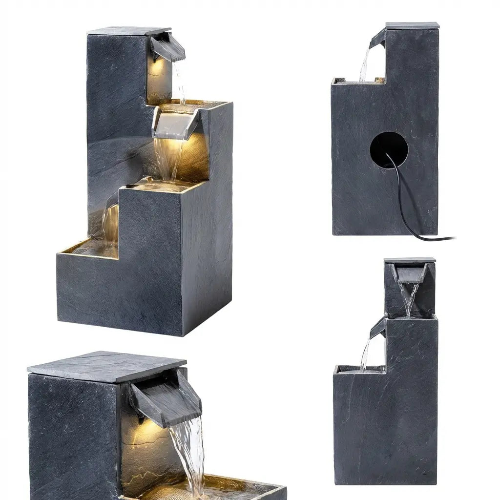 KUBO – Design Stufenbrunnen Schwarz aus Naturschiefer mit Wasserfall und LED-Beleuchtung 35 x 35 x 72 cm 36 kg - CLIMAQUA