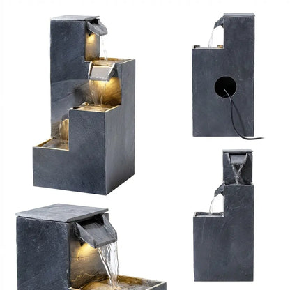 KUBO – Design Stufenbrunnen Schwarz aus Naturschiefer mit Wasserfall und LED-Beleuchtung 35 x 35 x 72 cm 36 kg - CLIMAQUA