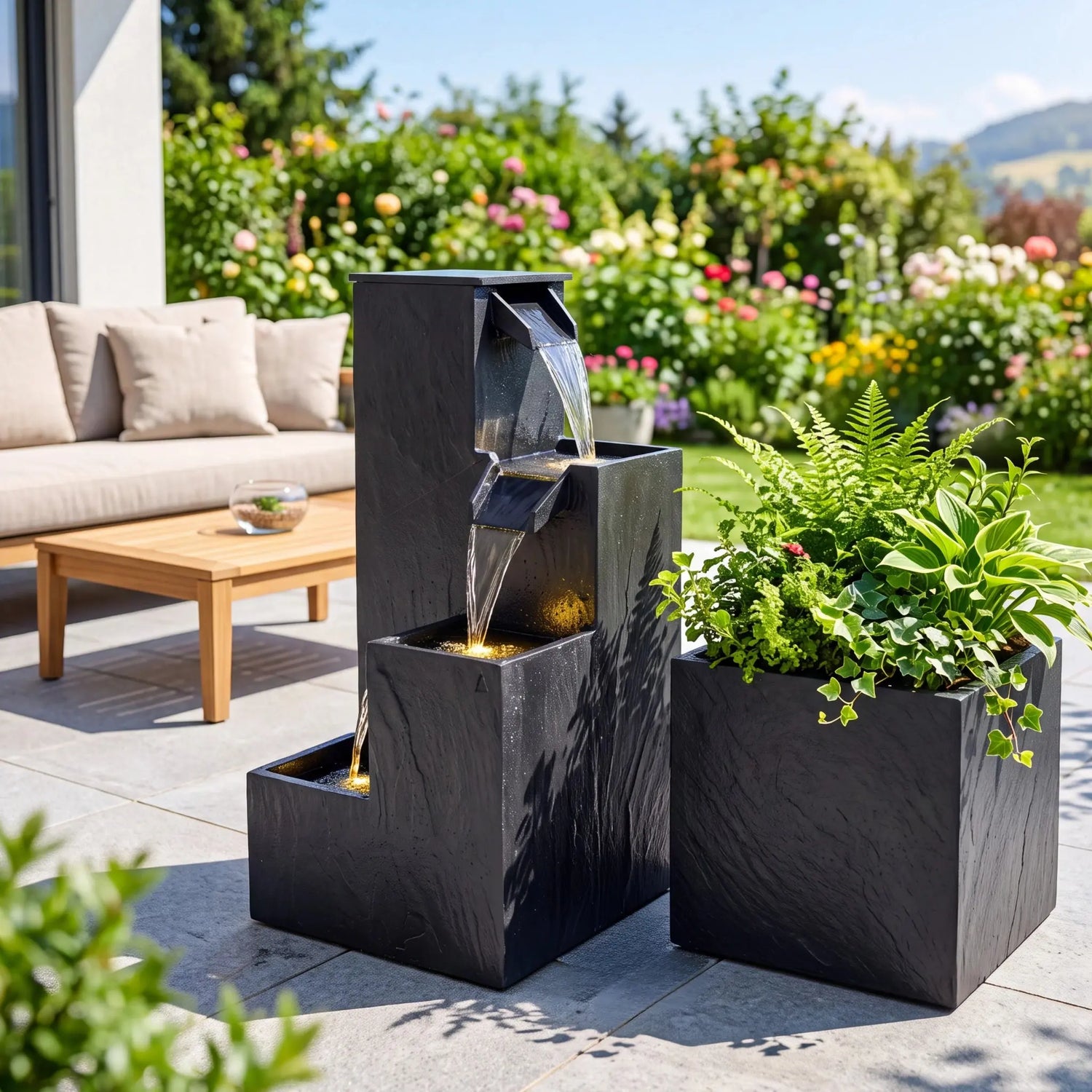 KUBO – Design Stufenbrunnen Schwarz aus Naturschiefer mit Wasserfall und LED-Beleuchtung 35 x 35 x 72 cm 36 kg - CLIMAQUA