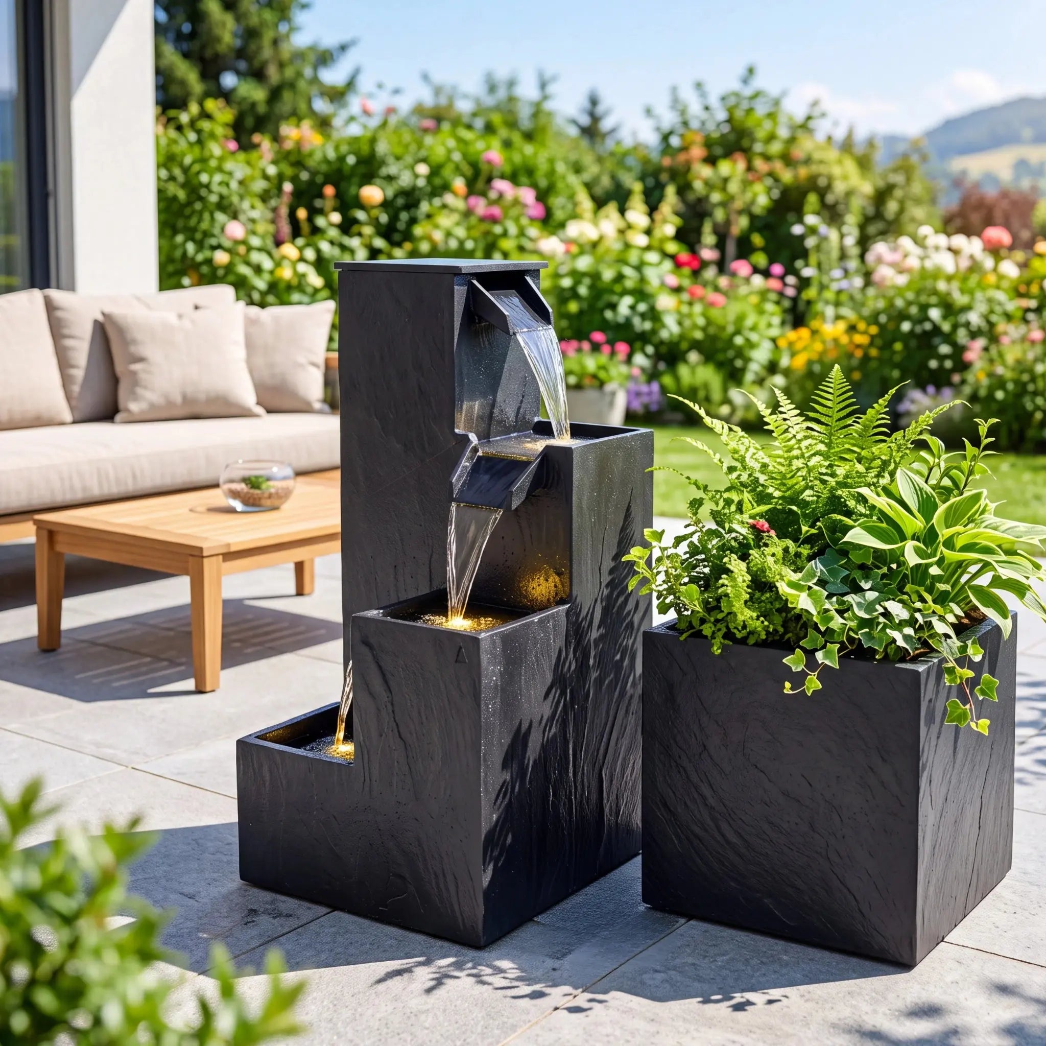 KUBO – Design Stufenbrunnen Schwarz aus Naturschiefer mit Wasserfall und LED-Beleuchtung 35 x 35 x 72 cm 36 kg - CLIMAQUA