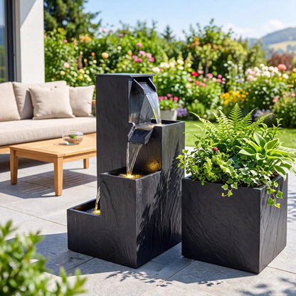 KUBO – Design Stufenbrunnen Schwarz aus Naturschiefer mit Wasserfall und LED-Beleuchtung 35 x 35 x 72 cm 36 kg - CLIMAQUA