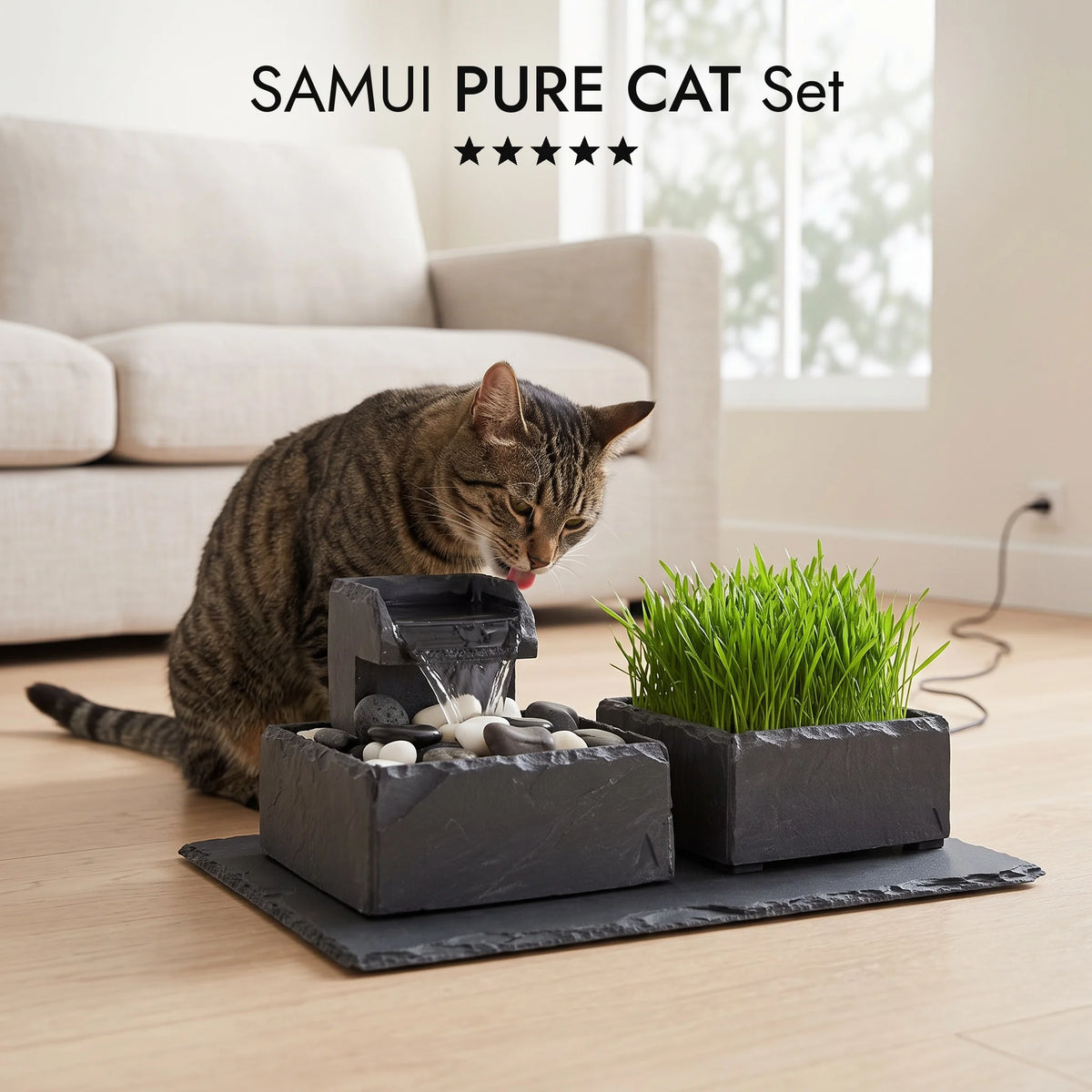 Chat buvant à la fontaine SAMUI PURE CAT SET dans le salon