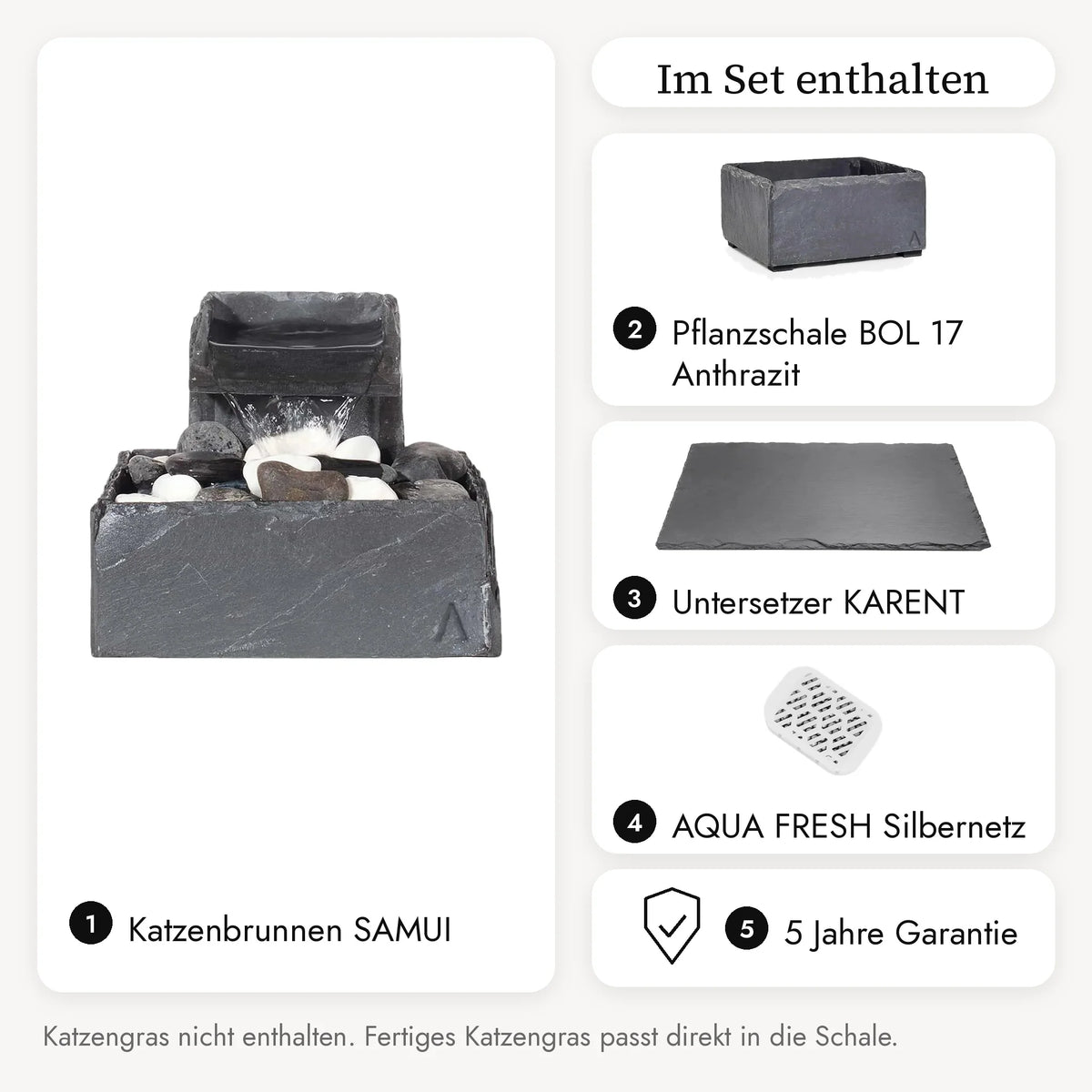 Contenu du SAMUI PURE CAT SET : fontaine pour chat SAMUI, coupe BOL 17 Anthracite, plateau KARENT, filet argent, garantie 5 ans