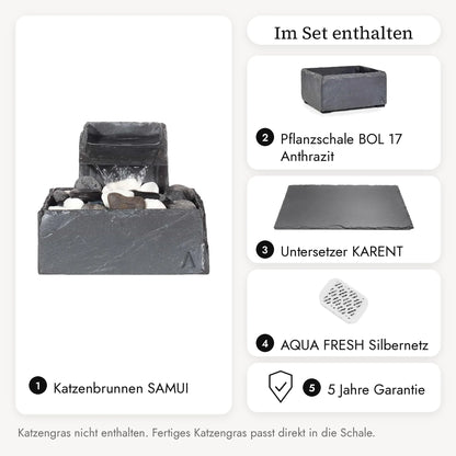 Contenu du SAMUI PURE CAT SET : fontaine pour chat SAMUI, coupe BOL 17 Anthracite, plateau KARENT, filet argent, garantie 5 ans