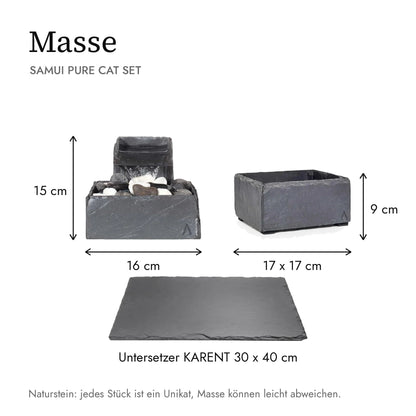 Dimensions du SAMUI PURE CAT SET : fontaine 16 x 16 x 15 cm, BOL 17 17 x 17 x 9 cm, KARENT 30 x 40 cm