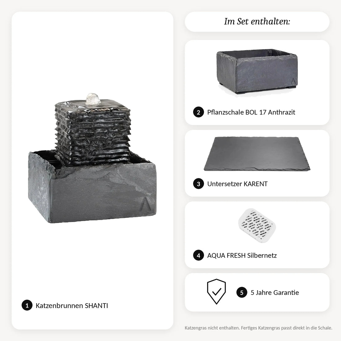 Inhalt SHANTI PURE CAT SET: Katzenbrunnen SHANTI, Pflanzschale BOL 17 Anthrazit, Untersetzer KARENT, Silbernetz, 5 Jahre Garantie