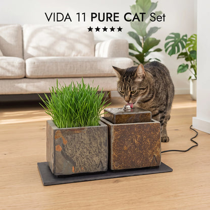 Chat buvant à la fontaine VIDA 11 PURE CAT SET dans le salon (KI-Inhalte)