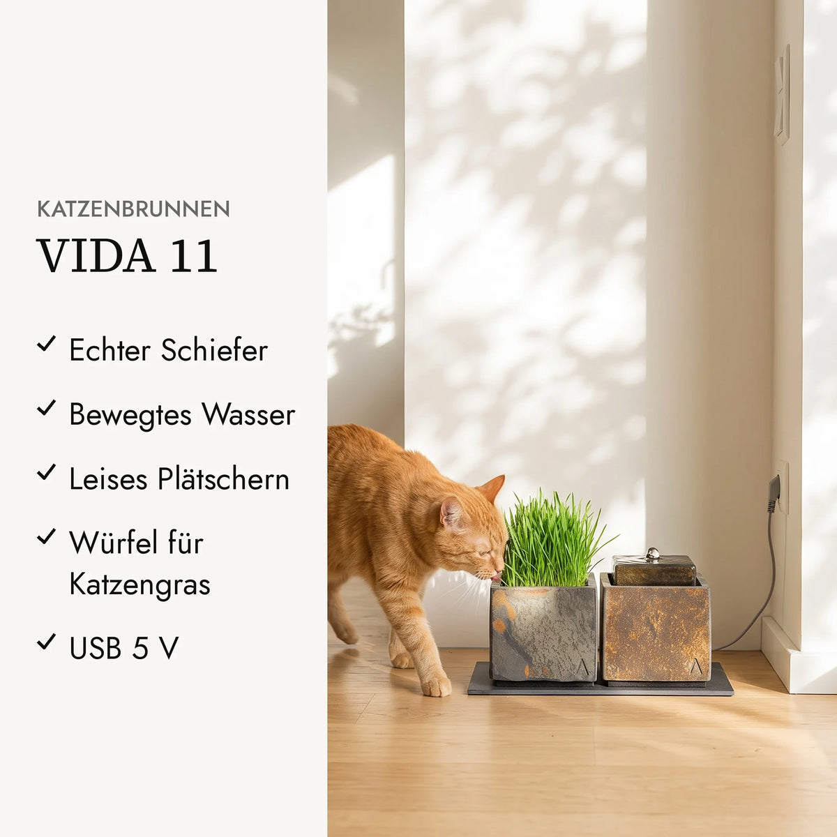 Fontaine pour chat VIDA 11 en ardoise Rusty véritable avec cube pour herbe à chat dans la cuisine (KI-Inhalte)