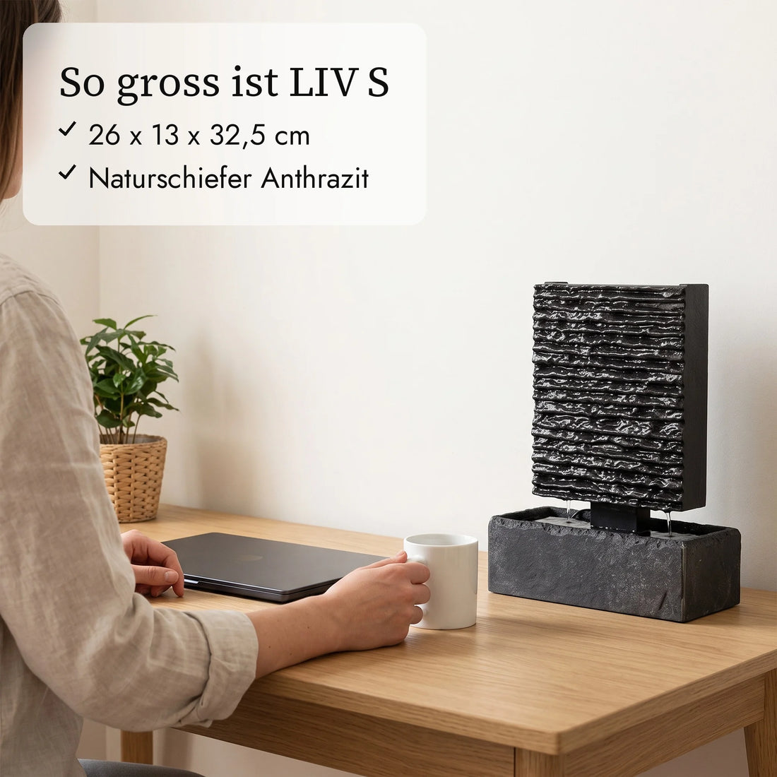 So gross ist LIV S: kleine Wasserwand 32,5 cm neben Kaffeetasse und Hand (KI-Inhalte)