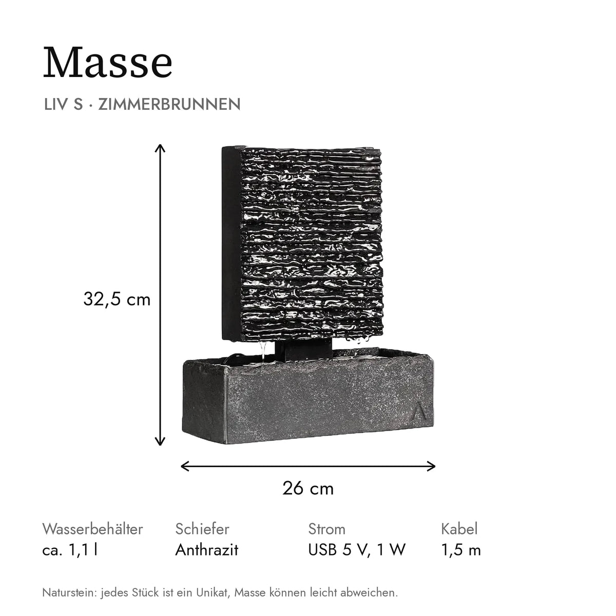 Masse kleine Wasserwand LIV S: 26 x 13 x 32,5 cm, Wasserbehälter ca. 1,1 l