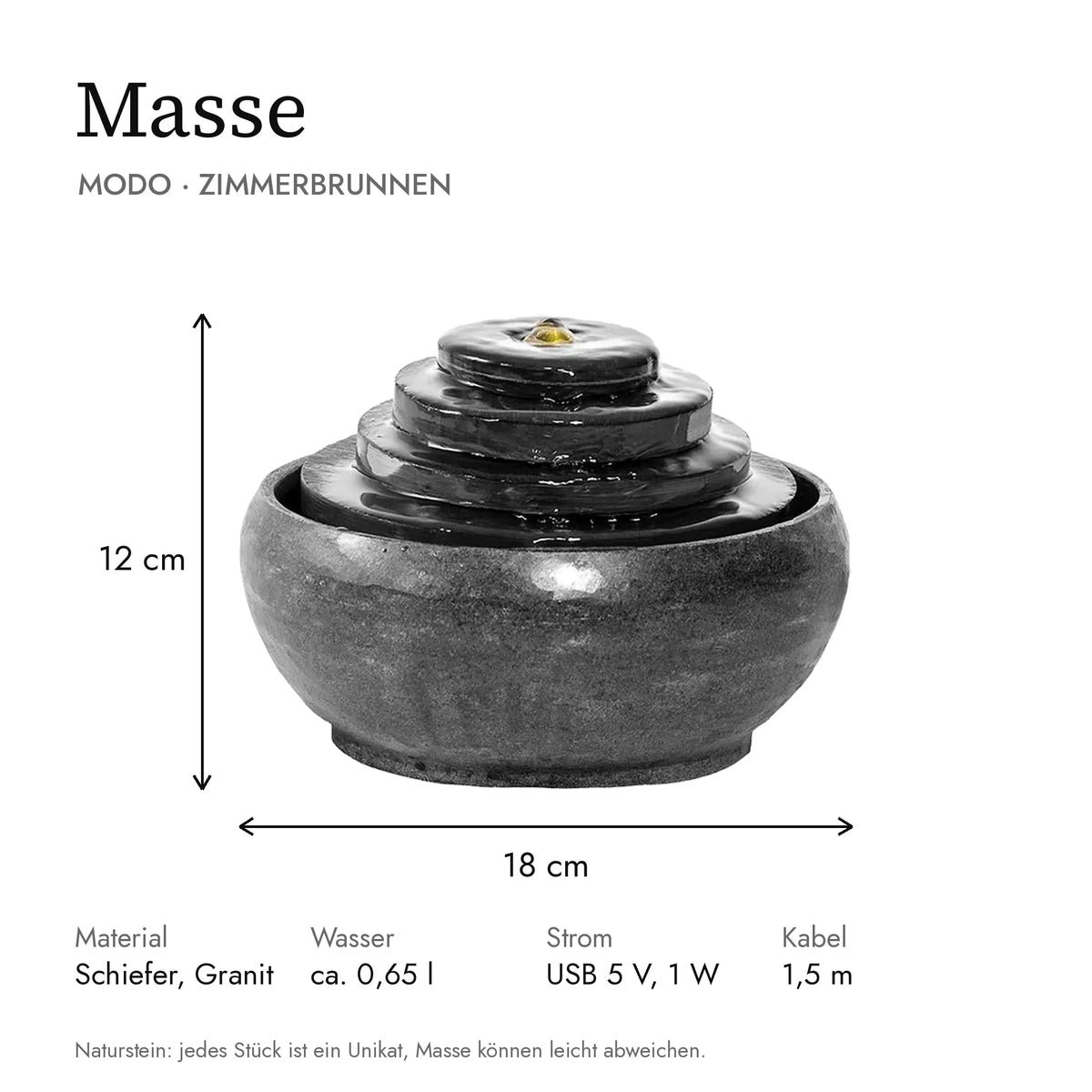Masse Zimmerbrunnen MODO: 18 x 18 x 12 cm, Wasserbehälter ca. 0,65 l
