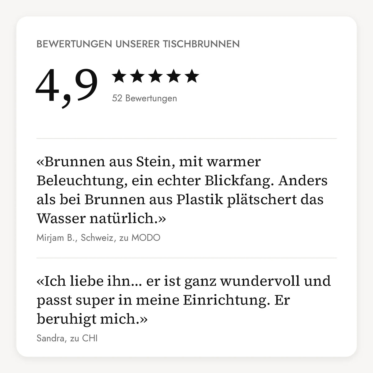Bewertungen unserer Tischbrunnen: 4,9 von 5 Sternen aus 52 Bewertungen
