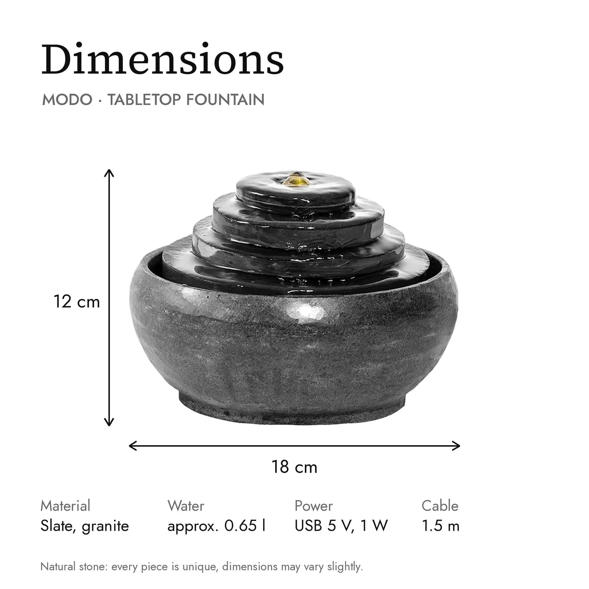 Dimensions of the MODO tabletop fountain