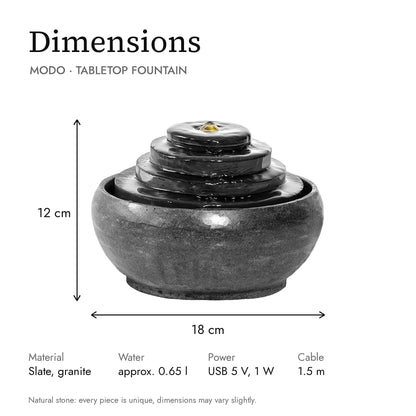 Dimensions of the MODO tabletop fountain
