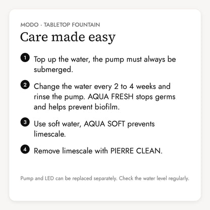 Care of the MODO tabletop fountain in four steps