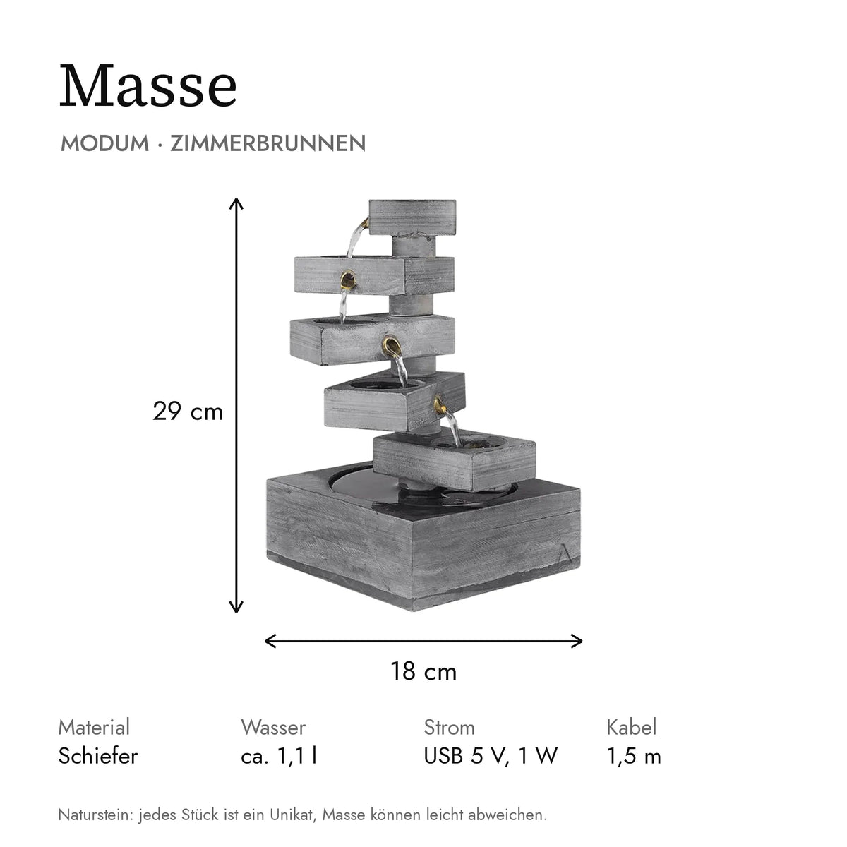 Masse Treppenbrunnen MODUM: 18 x 18 x 29 cm, Wasserbehälter ca. 1,1 l