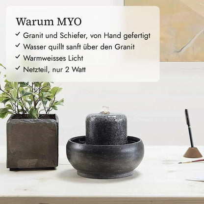 Warum MYO: Granit und Schiefer, von Hand gefertigt, Wasser quillt sanft über den Granit, Warmweisses Licht, Netzteil, nur 2 Watt