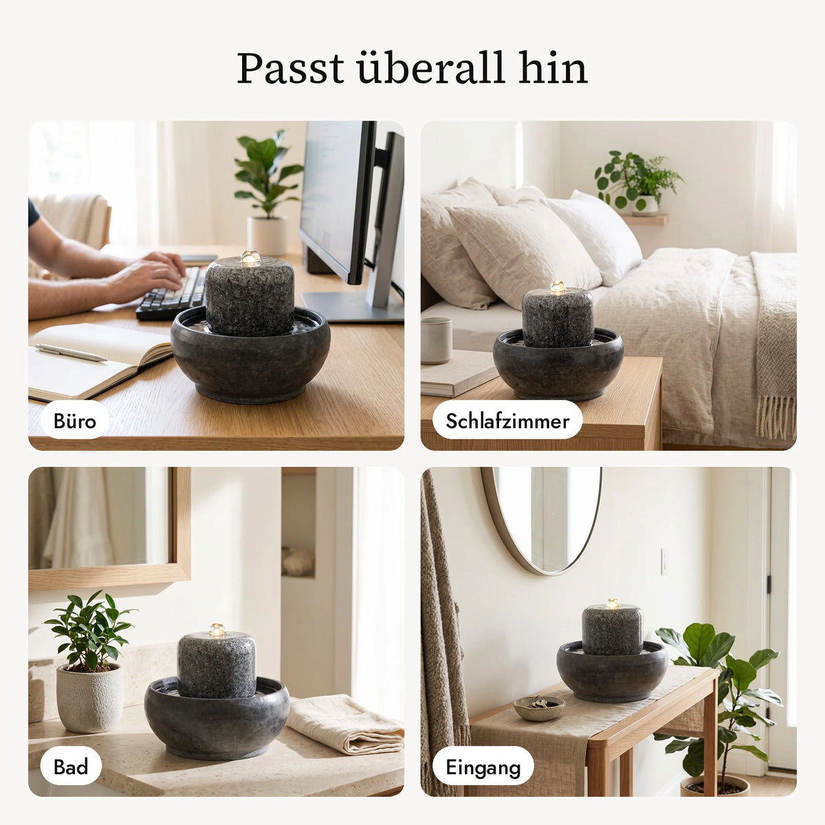 Zimmerbrunnen MYO im Büro, Schlafzimmer, Bad und Eingang (KI-Inhalte)