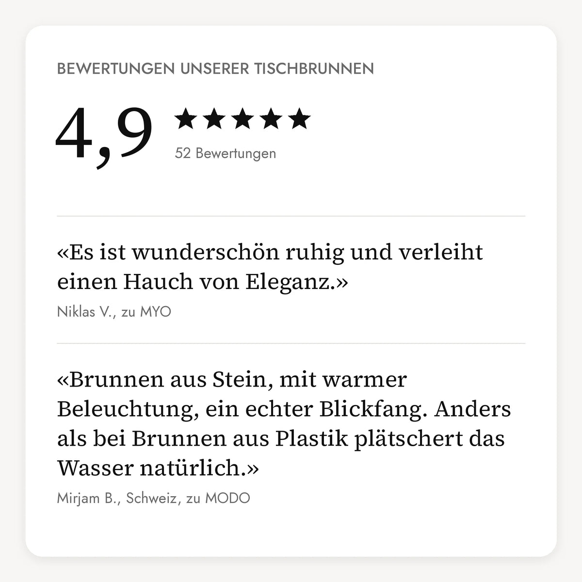 Bewertungen unserer Tischbrunnen: 4,9 von 5 Sternen aus 52 Bewertungen