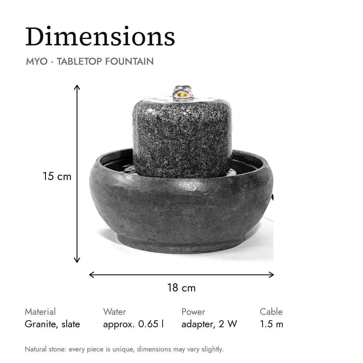 Dimensions of the MYO tabletop fountain