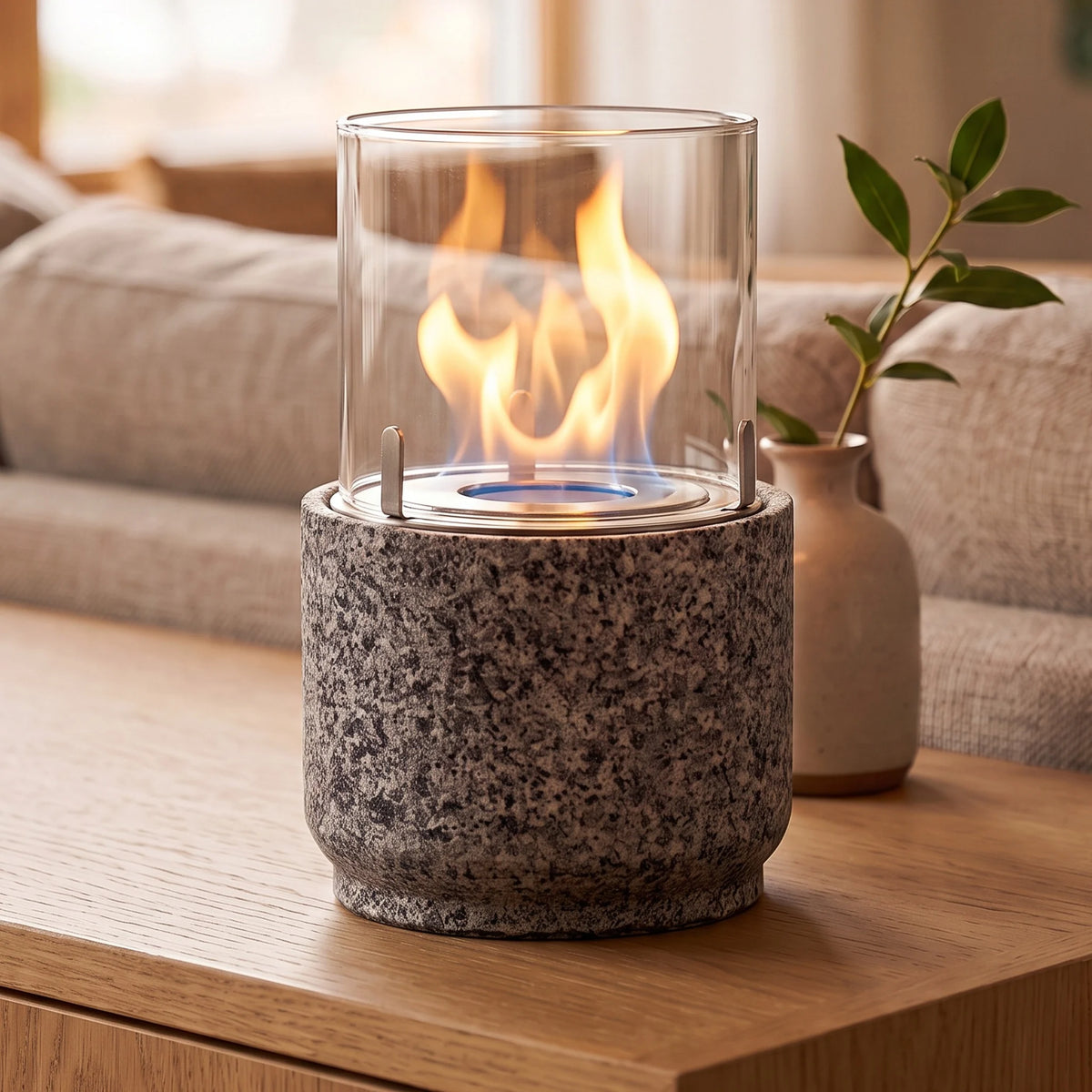 Tischfeuer MYU auf einem Sideboard im Wohnzimmer