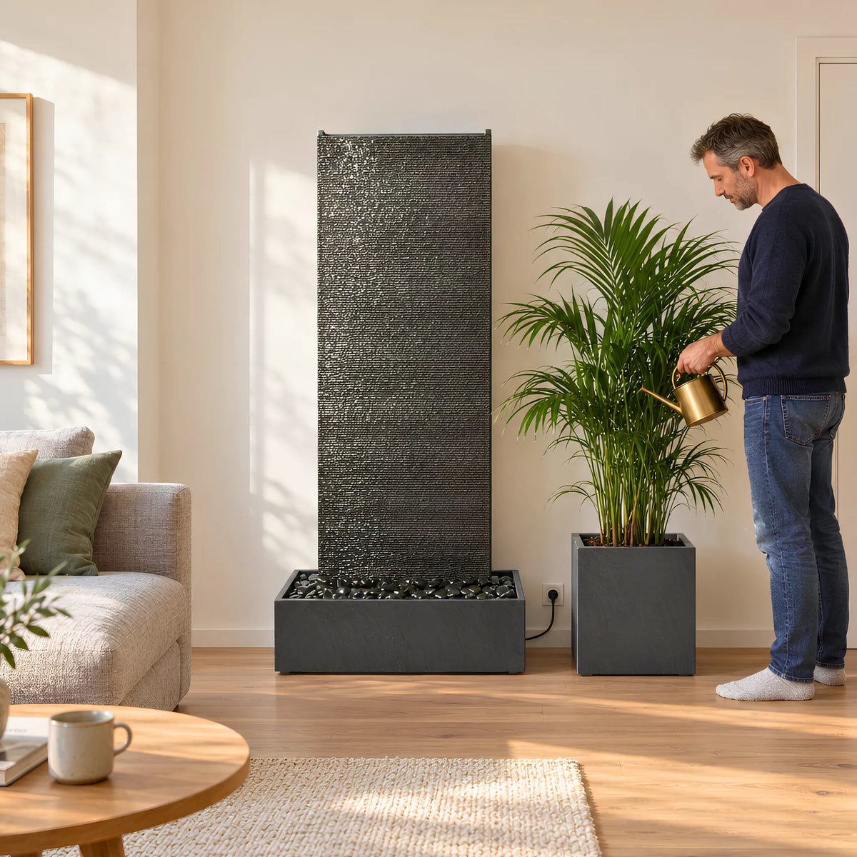 EDEN GRANDE Wasserwand aus Granitstein in einem hellen Wohnzimmer, ein Mann giesst eine Zimmerpflanze daneben - CLIMAQUA (KI-Inhalte)