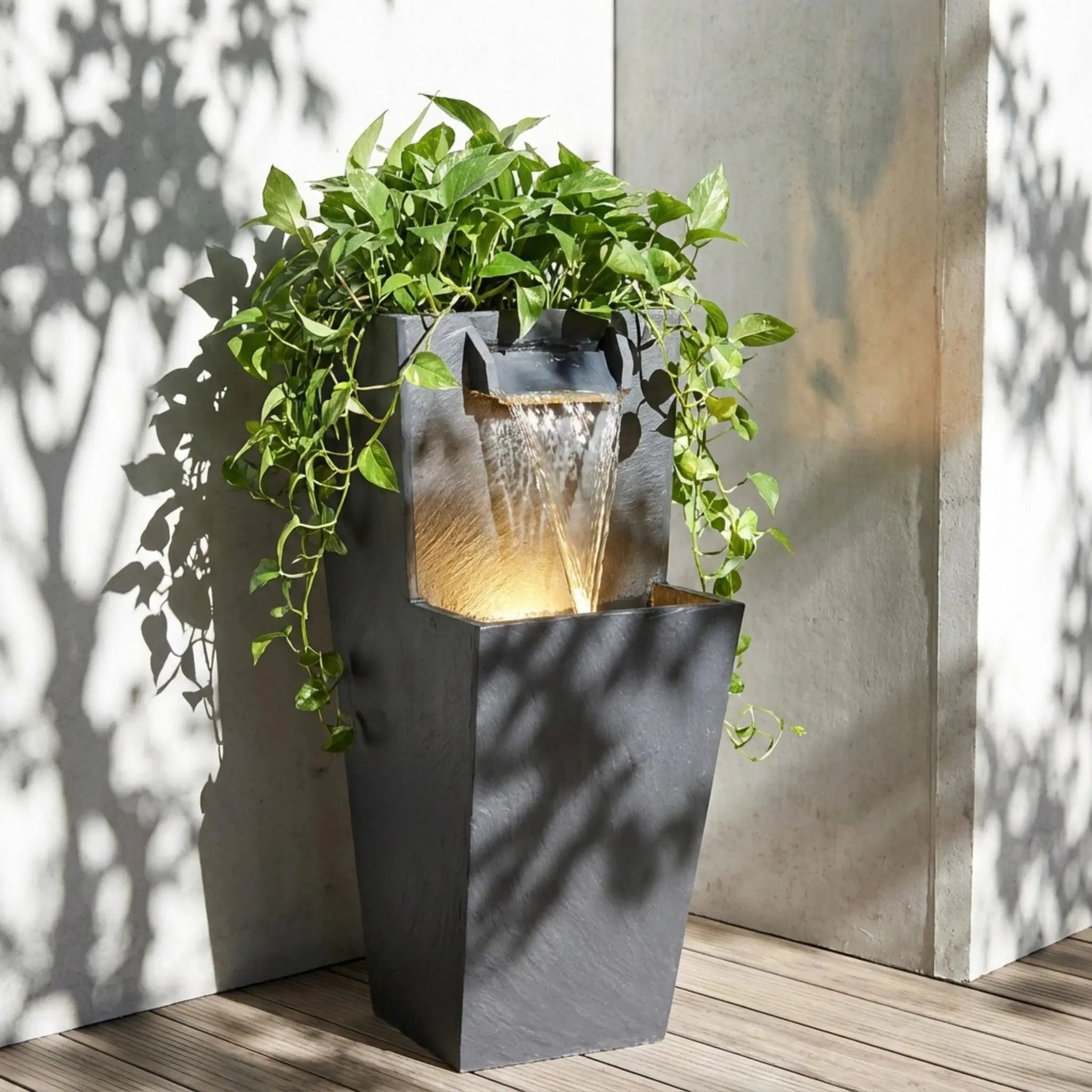 ZOE 20 Anthrazit – Gartenbrunnen mit Pflanzgefäss Wasserfall aus Naturschiefer Schwarz mit LED-Beleuchtung 28 x 21 x 53 cm 15 kg - CLIMAQUA