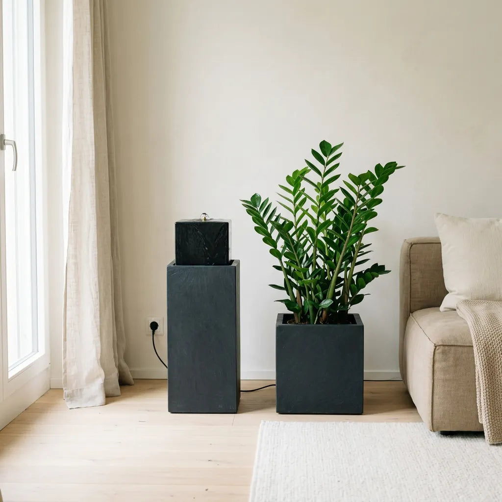 Säule Brunnen NEO Anthrazit im Wohnraum neben einem Sofa, daneben ein Pflanzgefäss mit Glücksfeder - CLIMAQUA