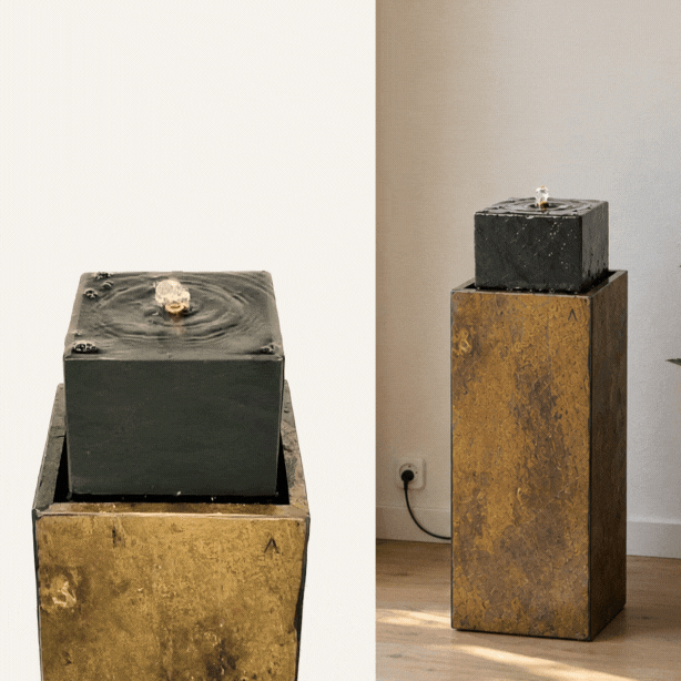 Säule Brunnen NEO Rusty – Gartenbrunnen aus Naturschiefer braun im Garten, animiert - CLIMAQUA (KI-Inhalte)