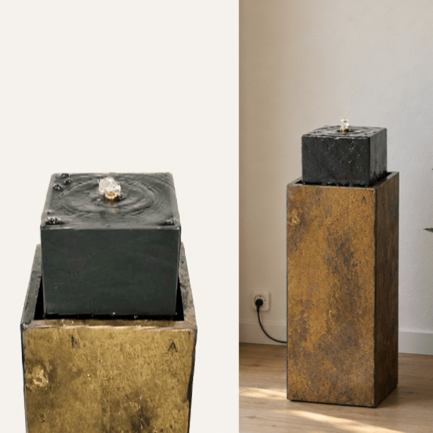 Säule Brunnen NEO Rusty – Gartenbrunnen aus Naturschiefer braun mit fließendem Wasser, animiert - CLIMAQUA (KI-Inhalte)