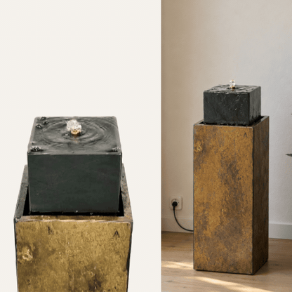 Säule Brunnen NEO Rusty – Gartenbrunnen aus Naturschiefer braun mit fließendem Wasser, animiert - CLIMAQUA (KI-Inhalte)