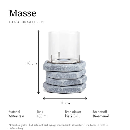 Masse Tischfeuer PIERO: 11 x 11 x 16 cm, Tank 180 ml, Brenndauer bis 2 Stunden