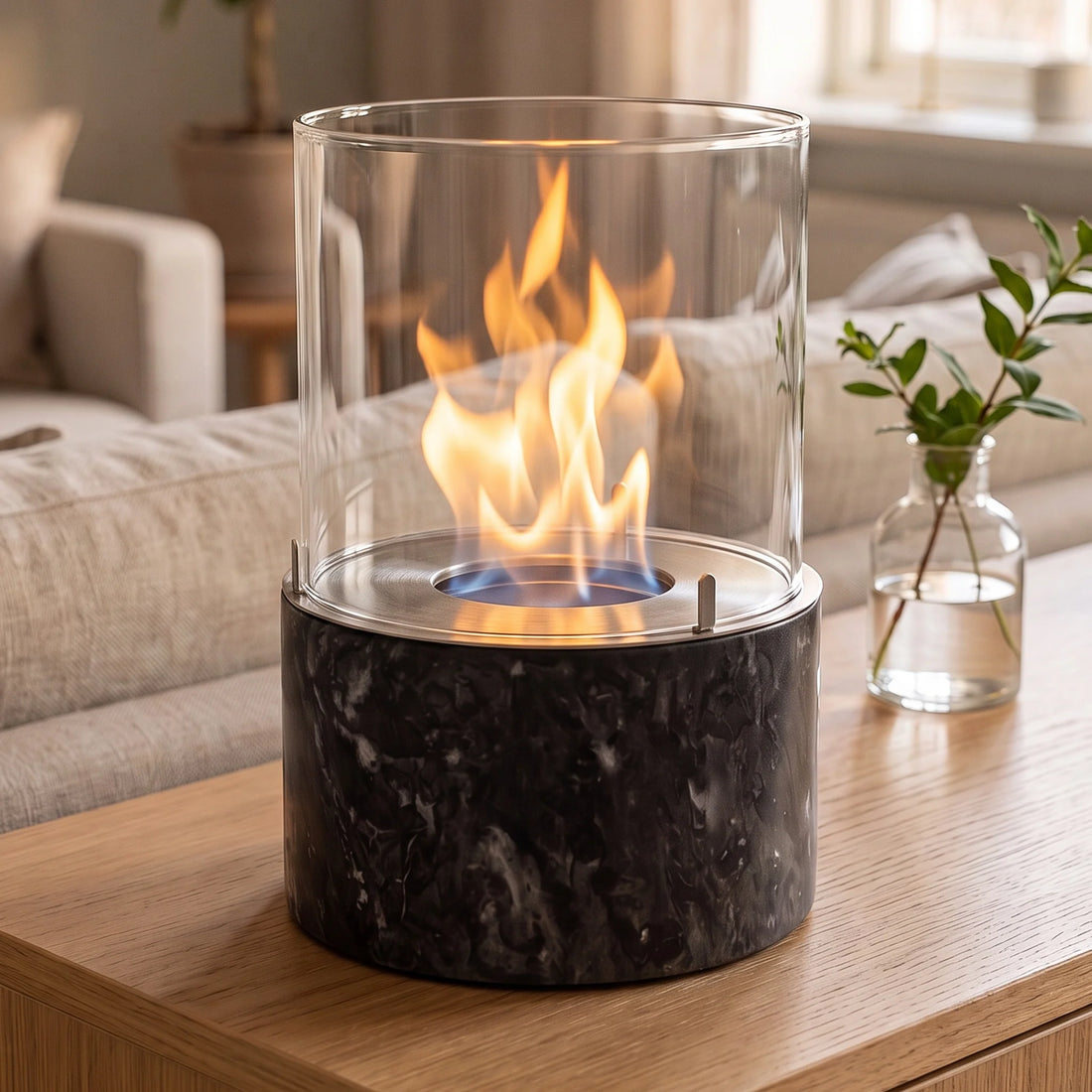 Tischfeuer PINO M BLACK auf einem Sideboard im Wohnzimmer