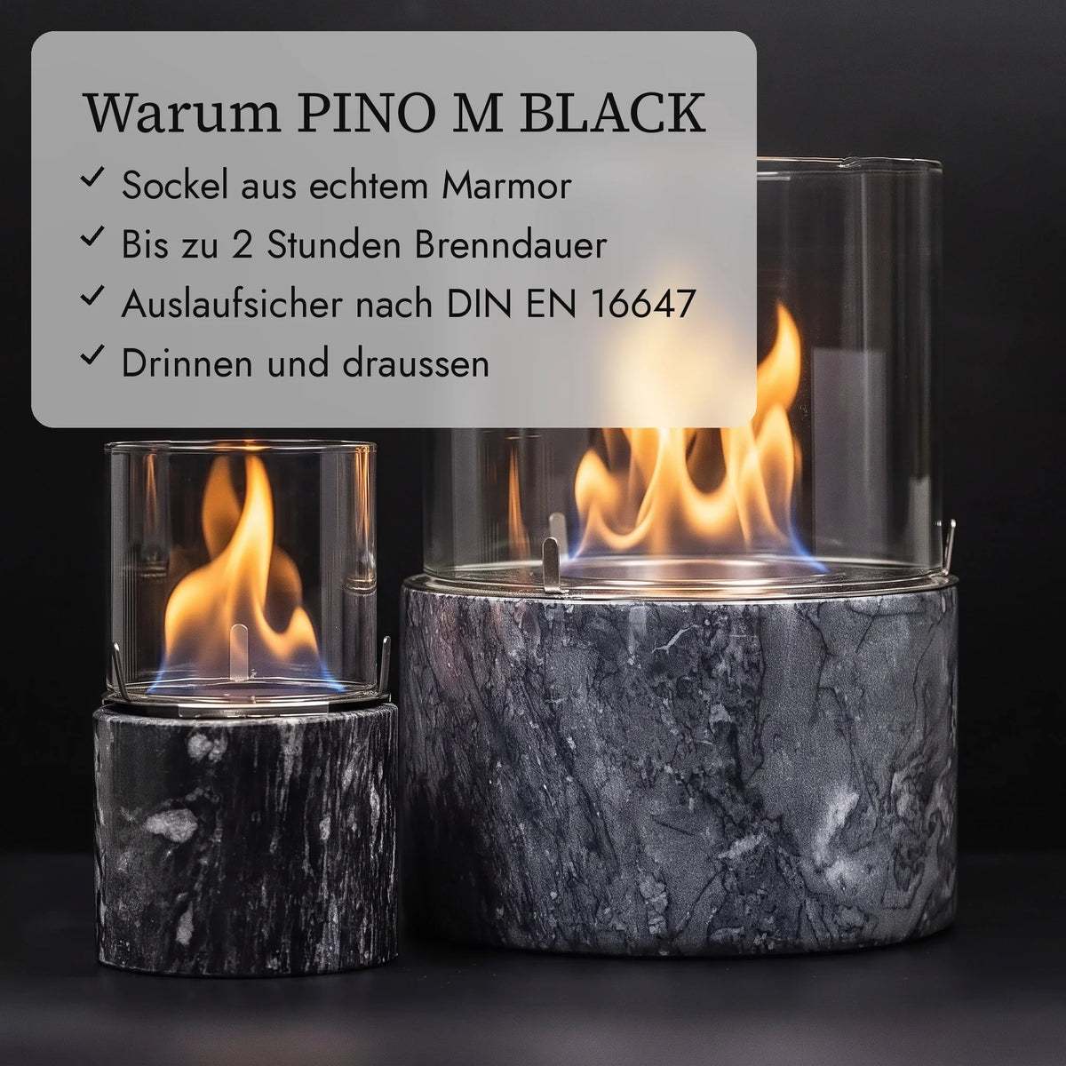 Warum PINO M BLACK: Sockel aus echtem Marmor, Bis zu 2 Stunden Brenndauer, Auslaufsicher nach DIN EN 16647, Drinnen und draussen (KI-Inhalte)