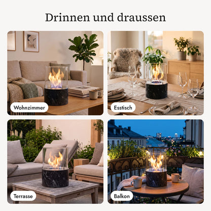Tischfeuer PINO M BLACK im Wohnzimmer, am Esstisch, auf der Terrasse und auf dem Balkon (KI-Inhalte)