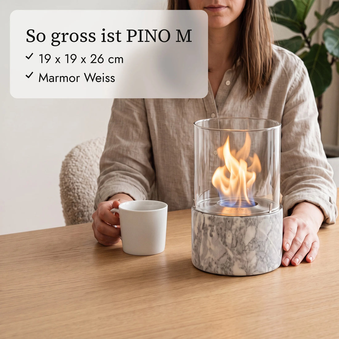 So gross ist PINO M: 19 x 19 x 26 cm neben Kaffeetasse und Hand (KI-Inhalte)