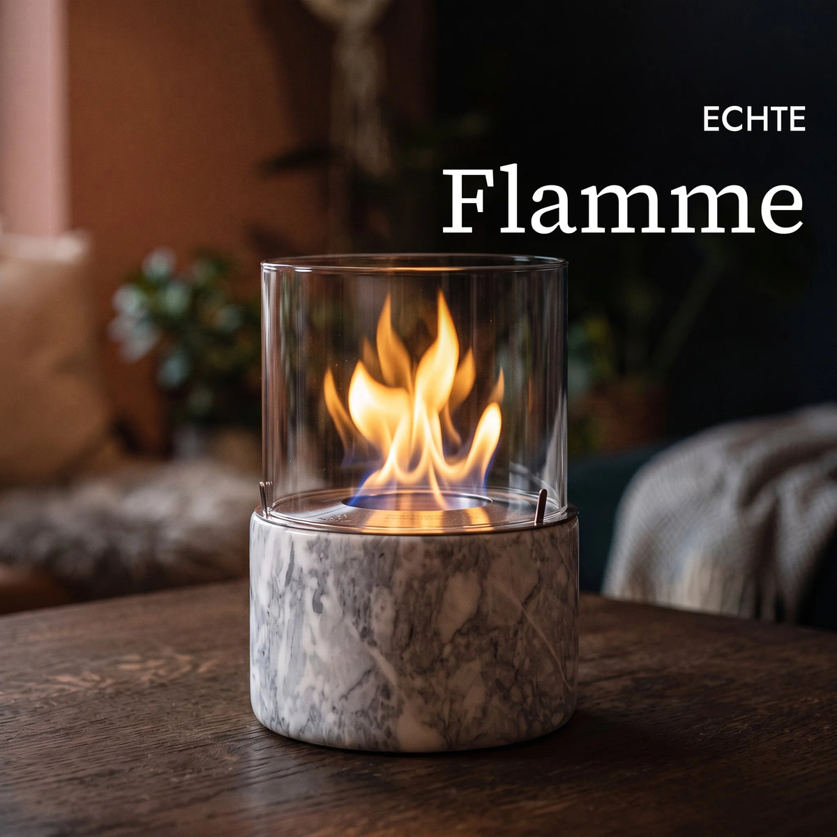 Ruhige echte Flamme im Glas des Tischfeuer PINO M (KI-Inhalte)