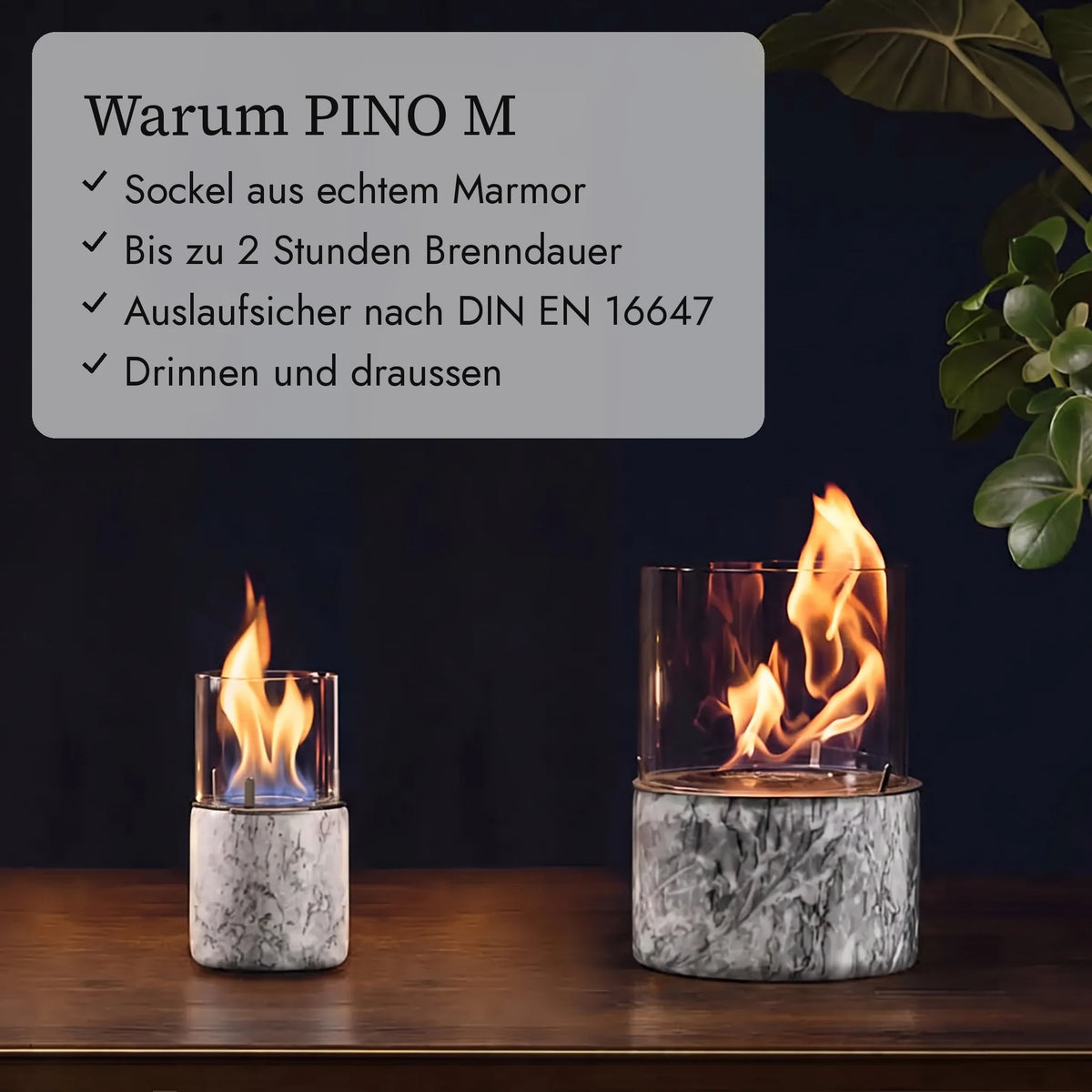Warum PINO M: Sockel aus echtem Marmor, Bis zu 2 Stunden Brenndauer, Auslaufsicher nach DIN EN 16647, Drinnen und draussen (KI-Inhalte)
