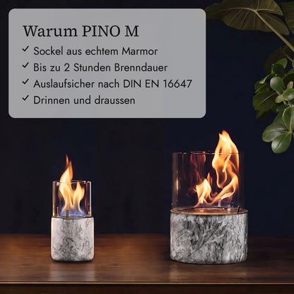 Warum PINO M: Sockel aus echtem Marmor, Bis zu 2 Stunden Brenndauer, Auslaufsicher nach DIN EN 16647, Drinnen und draussen (KI-Inhalte)