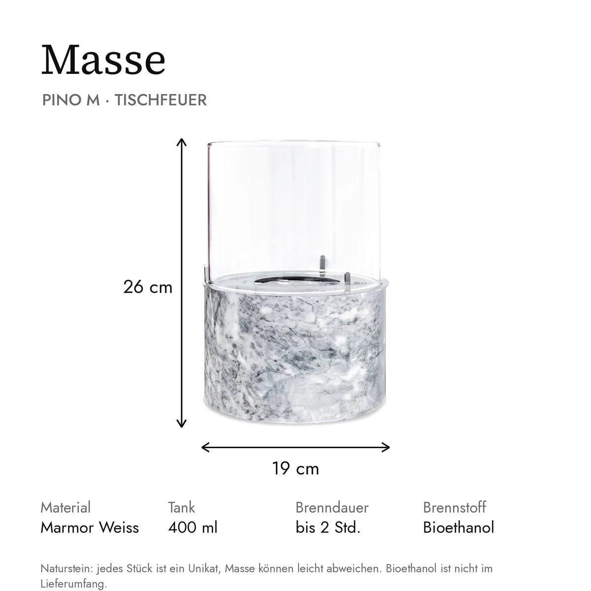Masse Tischfeuer PINO M: 19 x 19 x 26 cm, Tank 400 ml, Brenndauer bis 2 Stunden