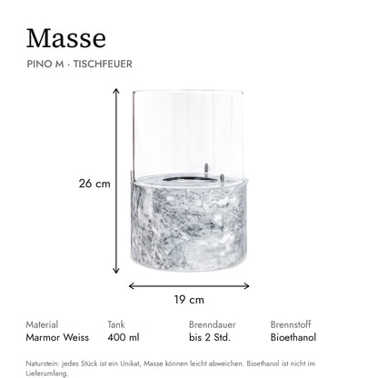 Masse Tischfeuer PINO M: 19 x 19 x 26 cm, Tank 400 ml, Brenndauer bis 2 Stunden