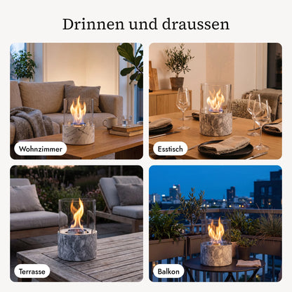 Tischfeuer PINO M im Wohnzimmer, am Esstisch, auf der Terrasse und auf dem Balkon (KI-Inhalte)