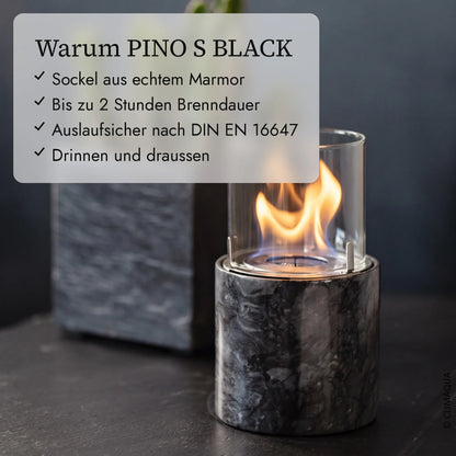 Warum PINO S BLACK: Sockel aus echtem Marmor, Bis zu 2 Stunden Brenndauer, Auslaufsicher nach DIN EN 16647, Drinnen und draussen (KI-Inhalte)